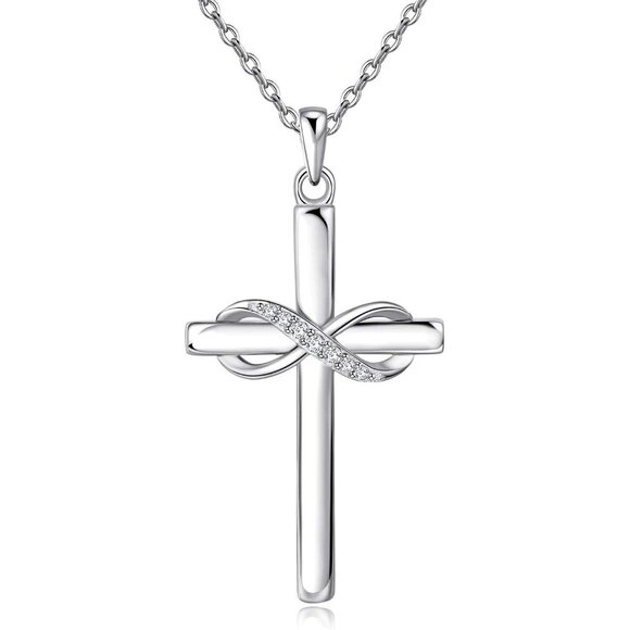 925 Sterling Silver Cross Infinity Necklace for Women with 14K Rose Gold Plating - Picture 1 of 7